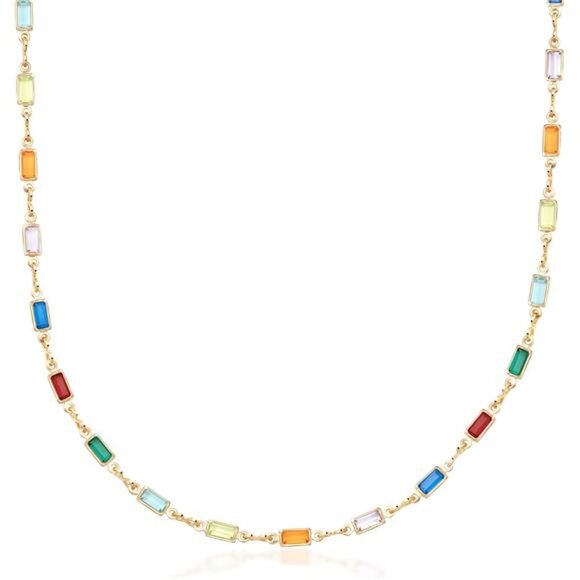 18K Gold Plated Multi Stone Crystal Necklace for Women Colorful Baguette Jewelry - Picture 1 of 6